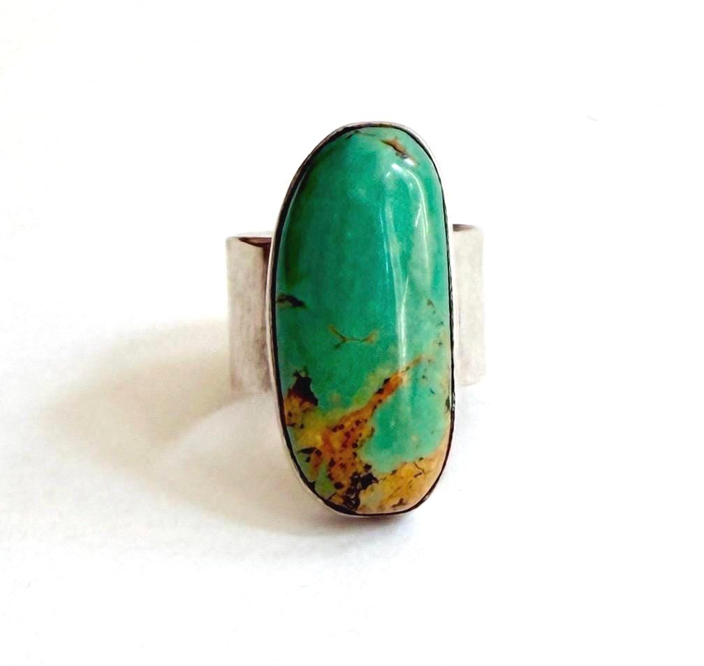 Fine Native American Turquoise Ring Wide Cigar Band Signed J Rosetta