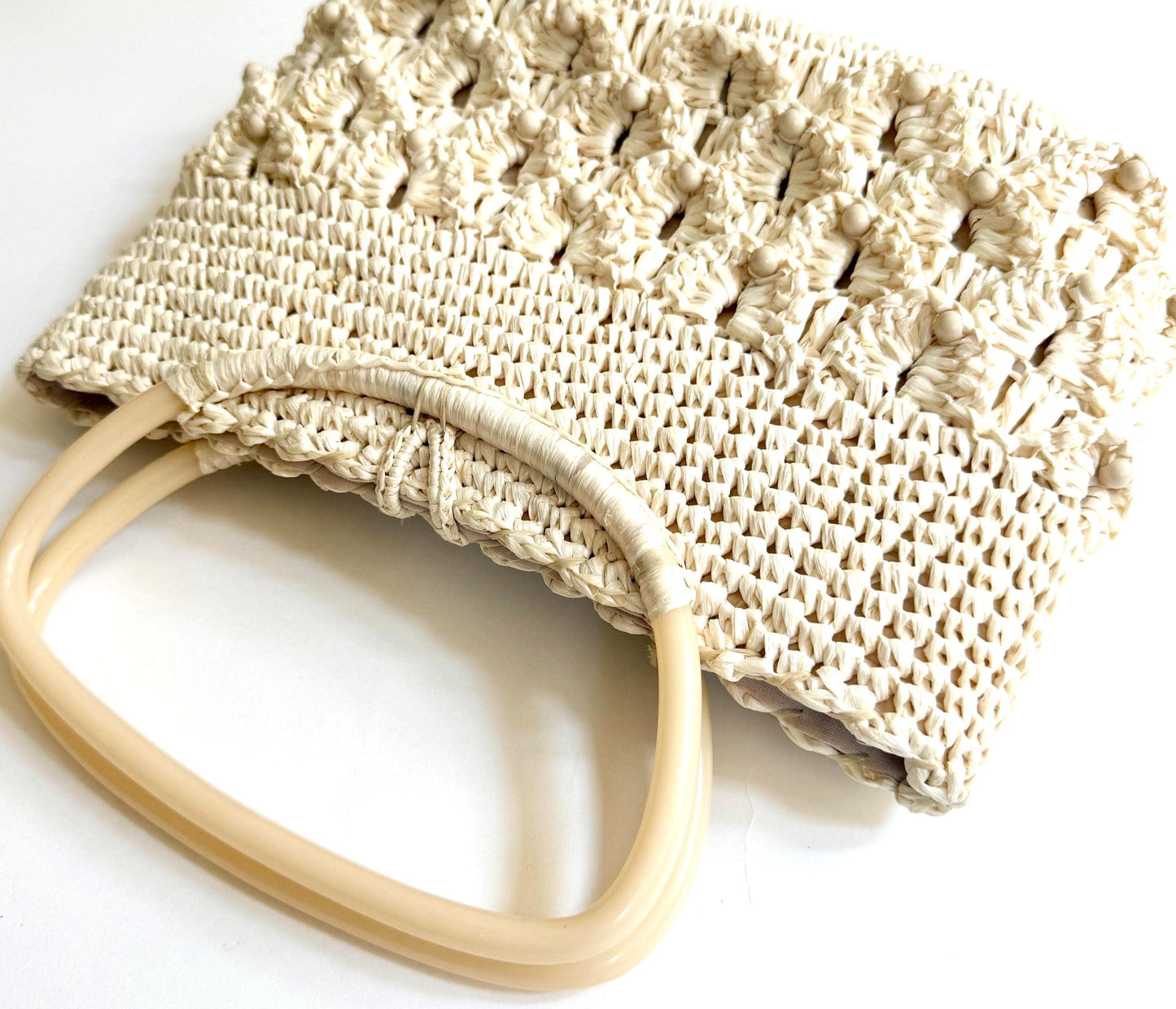 Vintage White Raffia Bag 50s 60s Purse with Plastic Handles