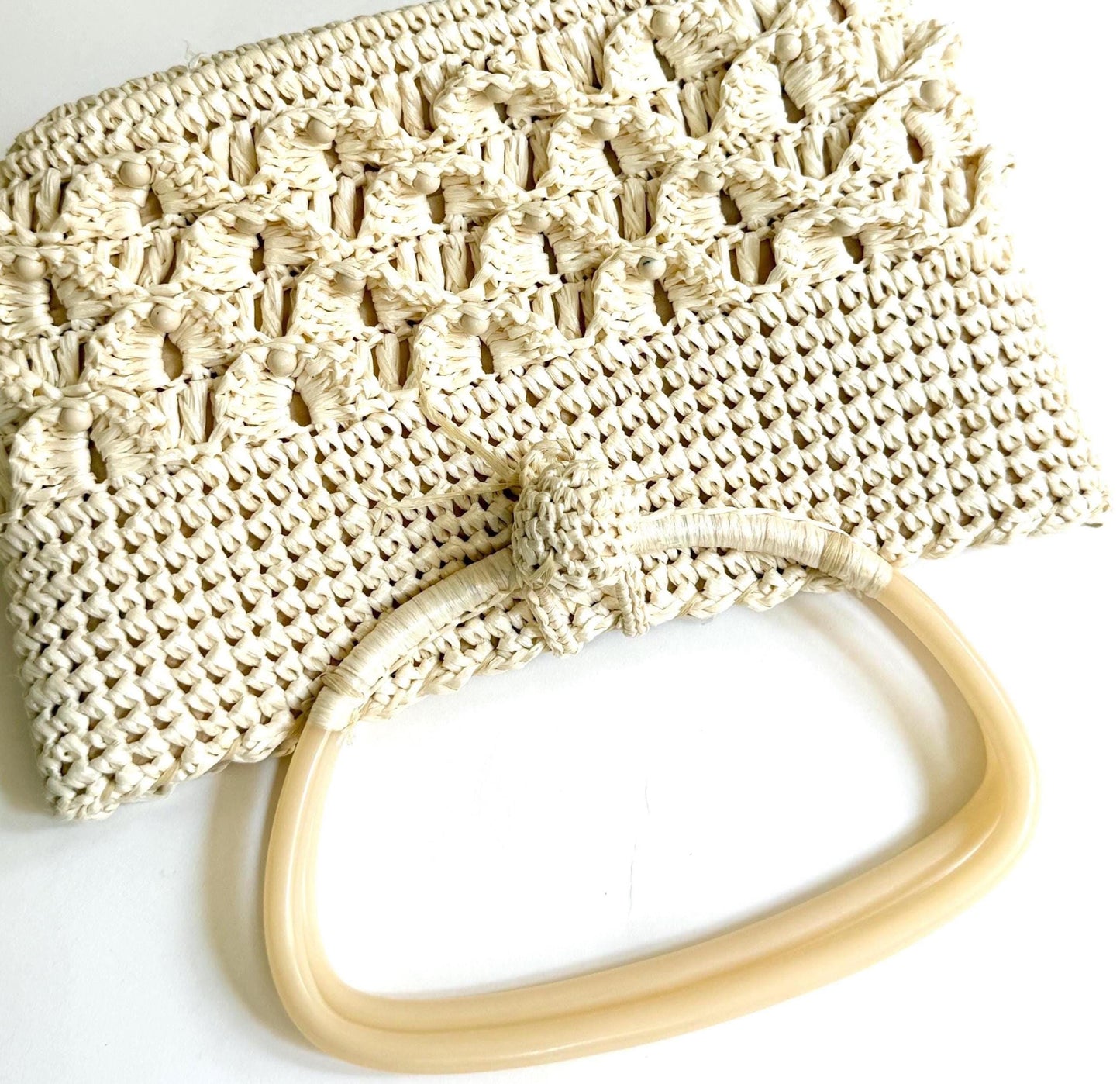 Vintage White Raffia Bag 50s 60s Purse with Plastic Handles