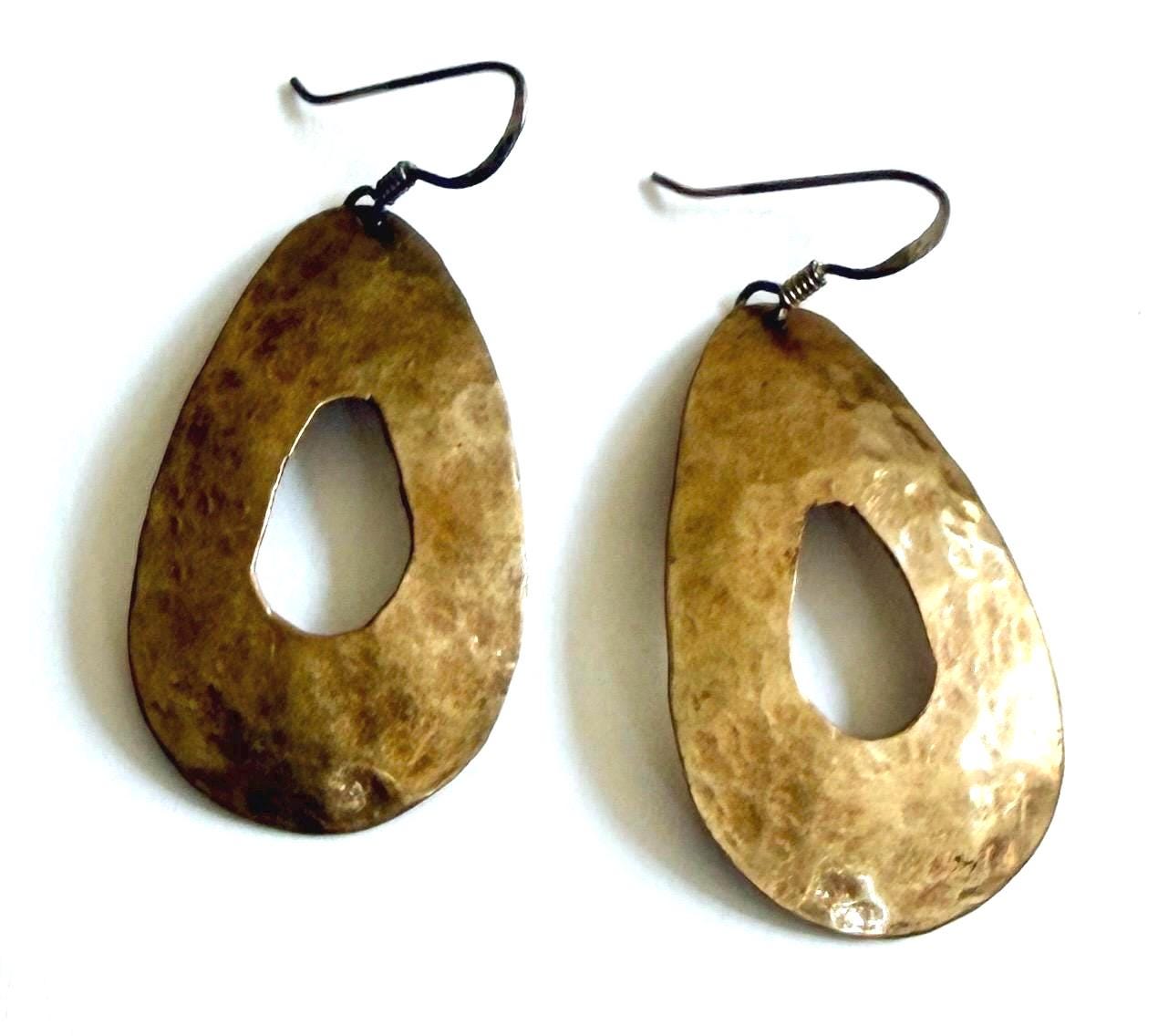 Vintage Hammered Brass Earrings Teardrop Dangle