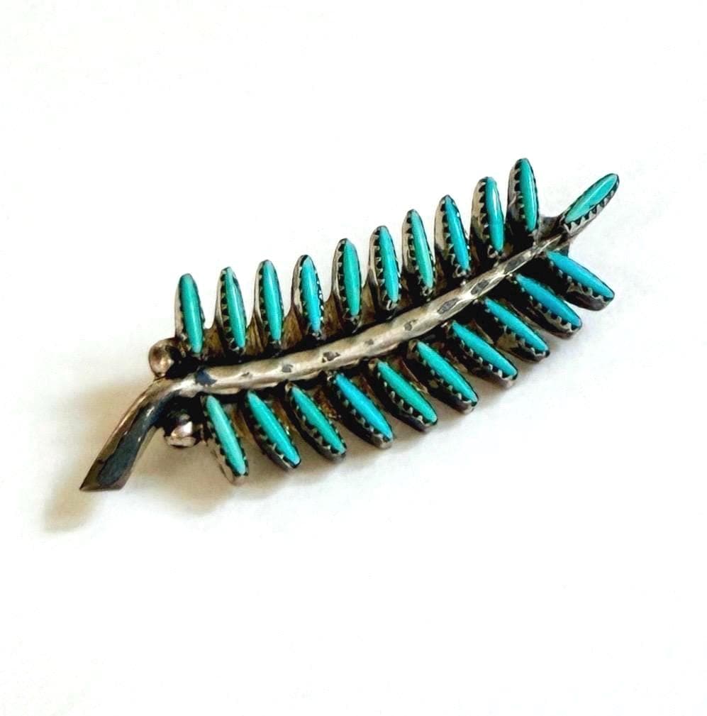 Vintage Zuni Turquoise Pin Pendant Feather Leaf Shape