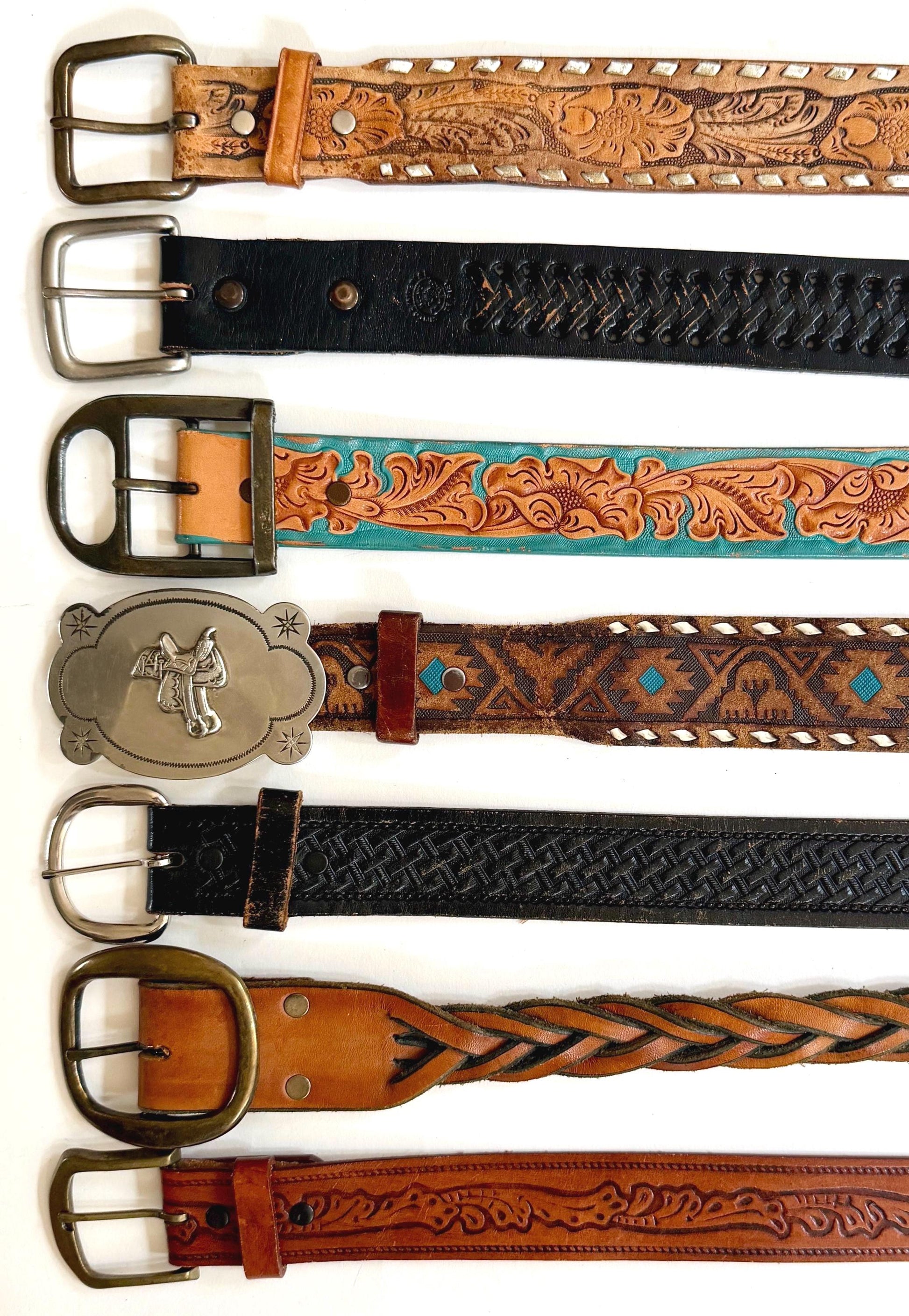 Vintage Western Tooled Leather Belt Brown Leather Cowboy Strap