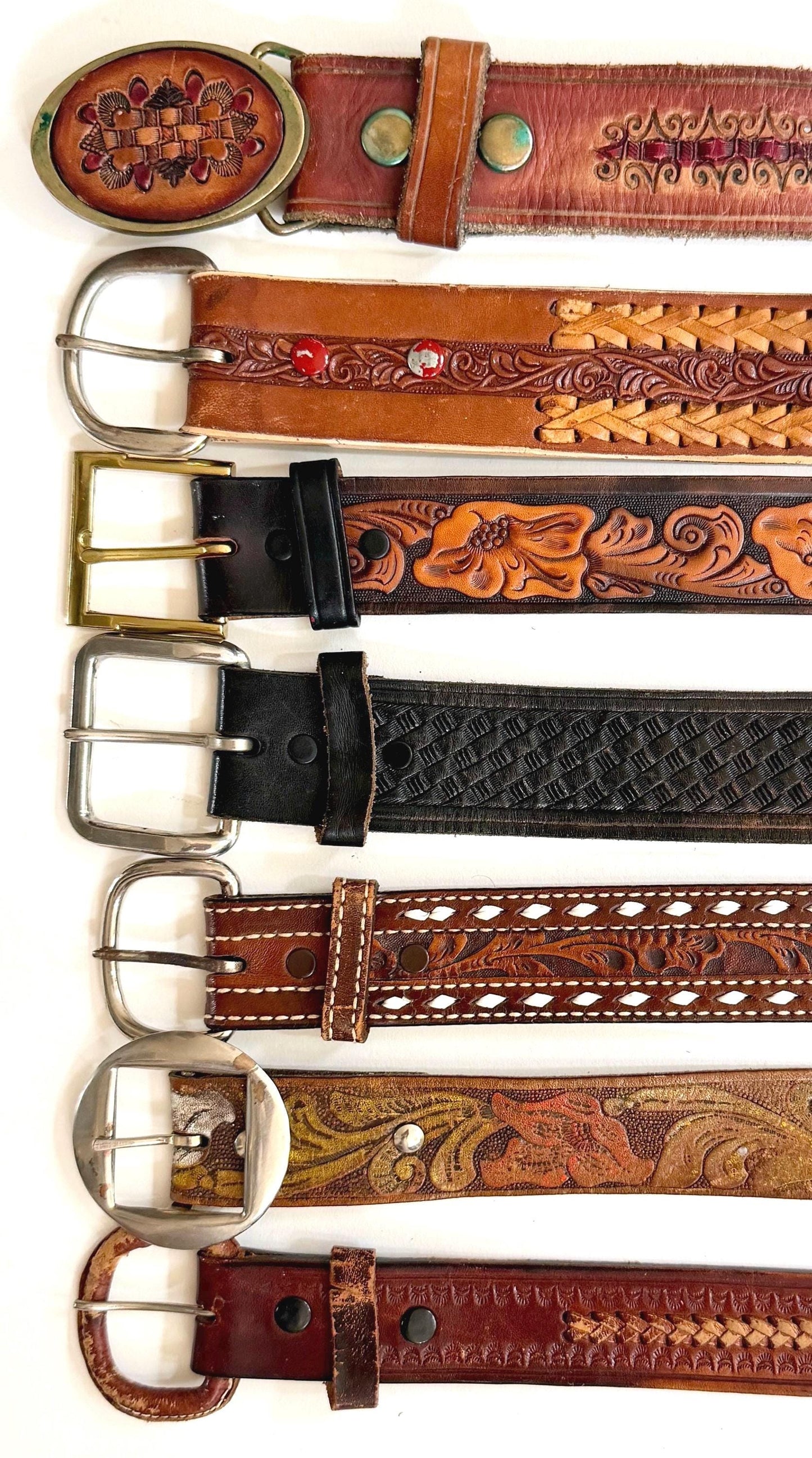 Vintage Western Tooled Leather Belt Brown Leather Cowboy Strap