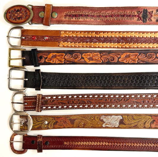 Vintage Western Tooled Leather Belt Brown Leather Cowboy Strap