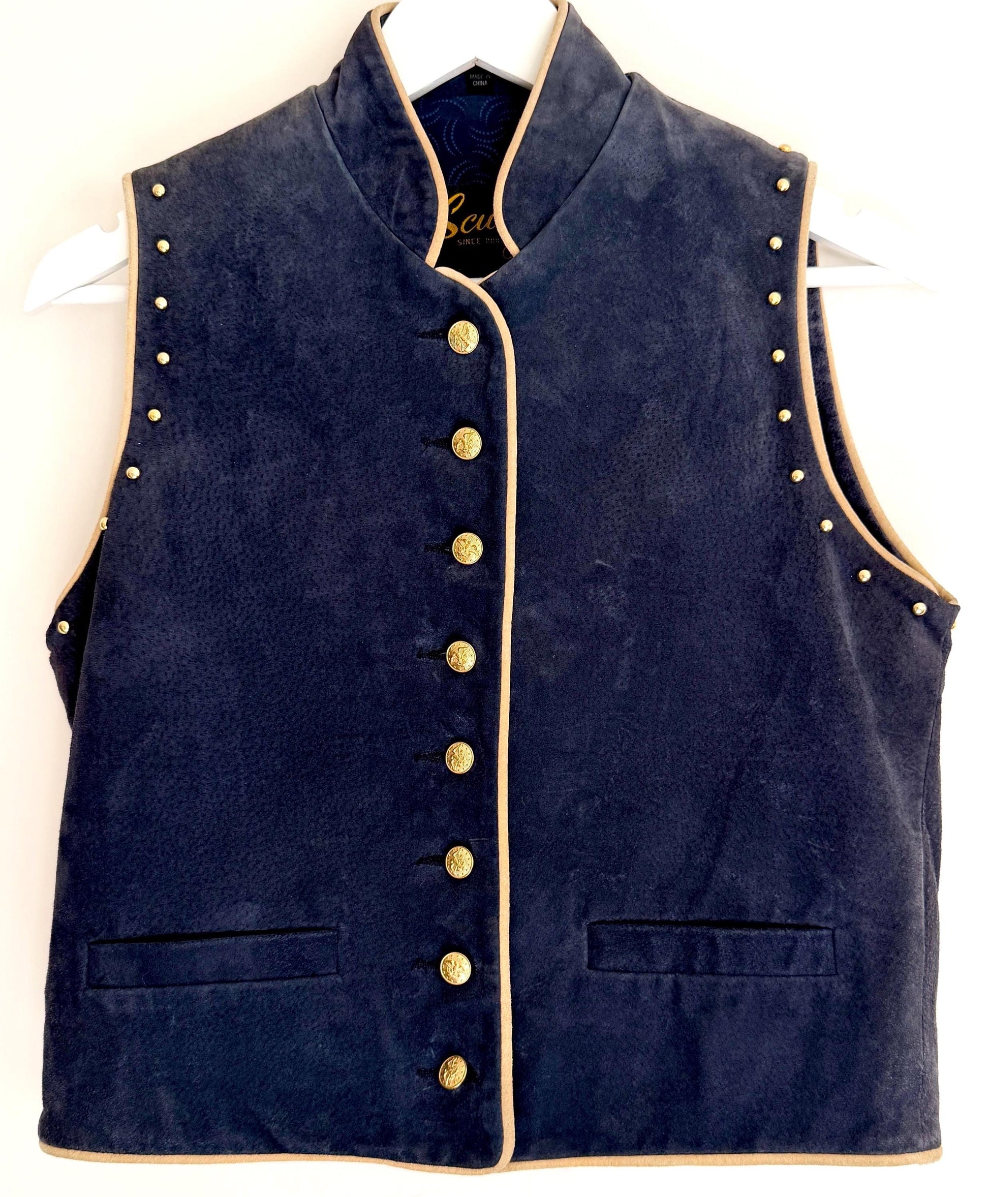 Vintage Suede Womens Vest Navy Blue Western Calvary Style
