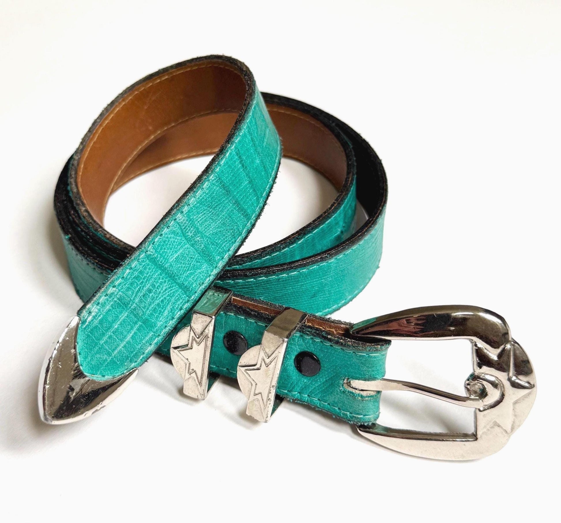 Vintage Turquoise Western Belt Reptile Embossed Leather Strap