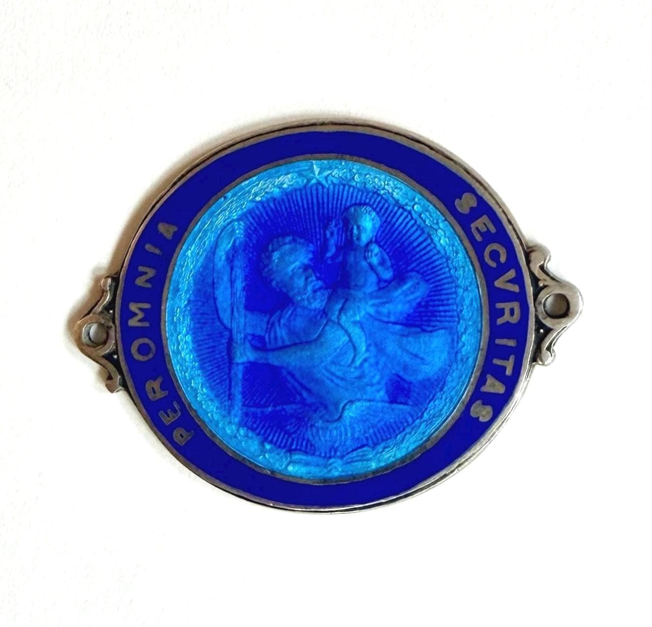 Antique St Christopher Blue Enamel Medallion Car Dashboard Plaque