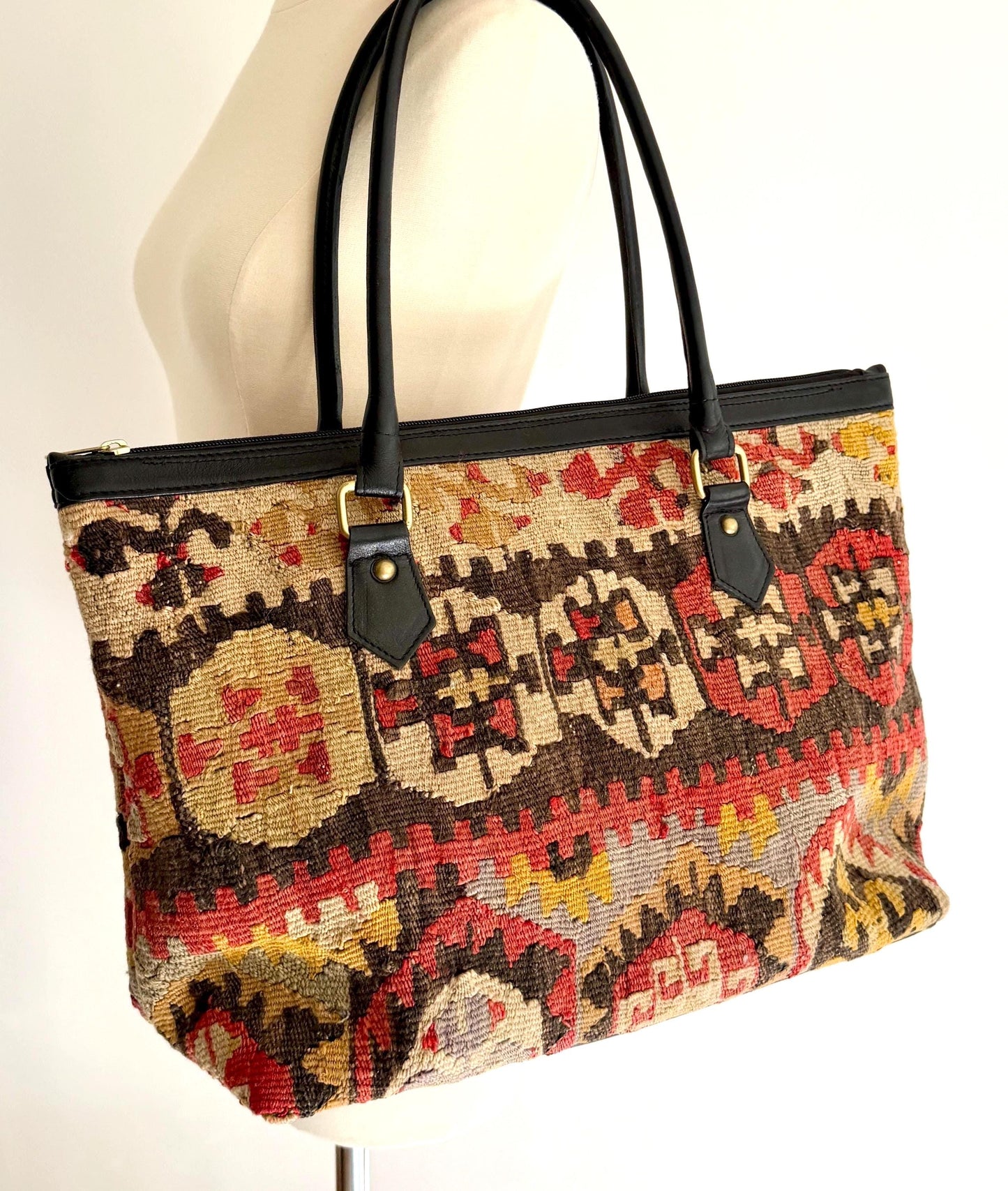 Large Vintage Kilim Bag Wool Textile Black Leather Trim
