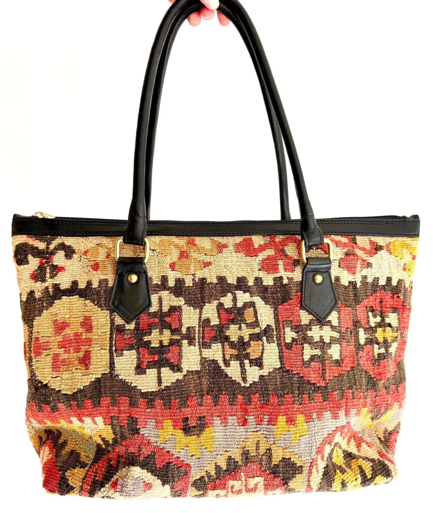 Large Vintage Kilim Bag Wool Textile Black Leather Trim