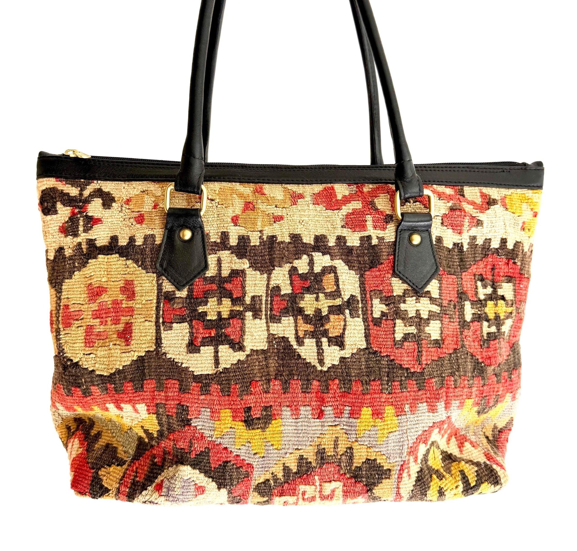 Large Vintage Kilim Bag Wool Textile Black Leather Trim