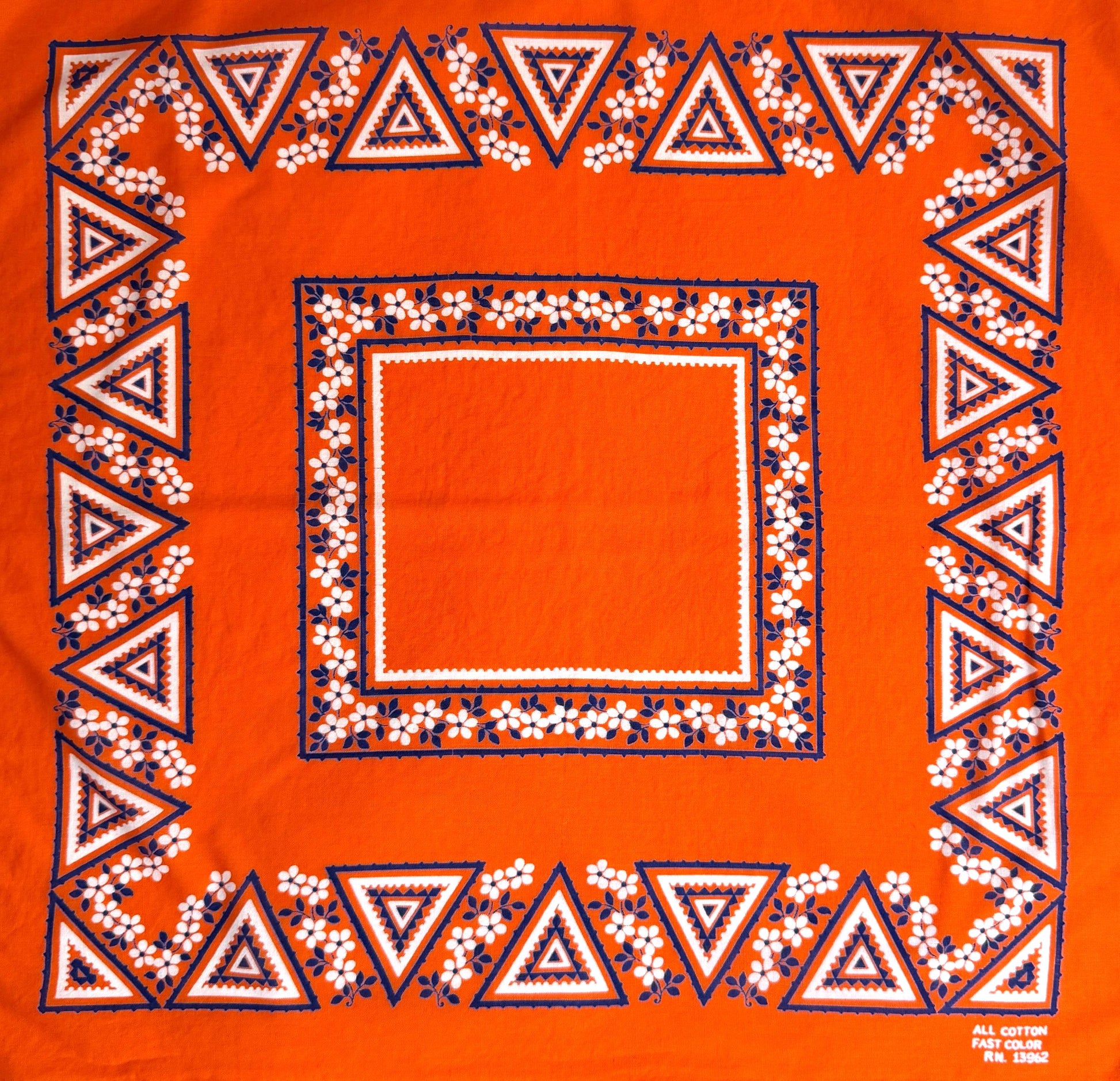 Rare Vintage Orange Cotton Bandana 1970s Fast Color Geometric Triangle Pattern