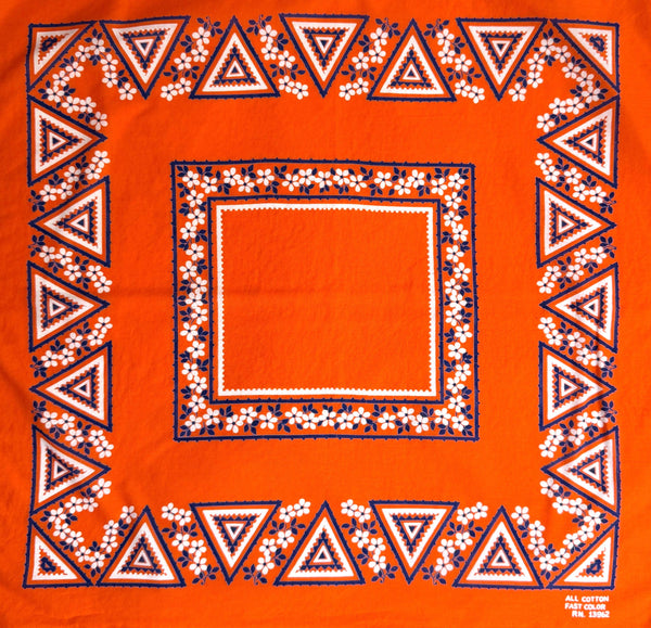 Rare Vintage Orange Cotton Bandana 1970s Fast Color Geometric Triangle Pattern