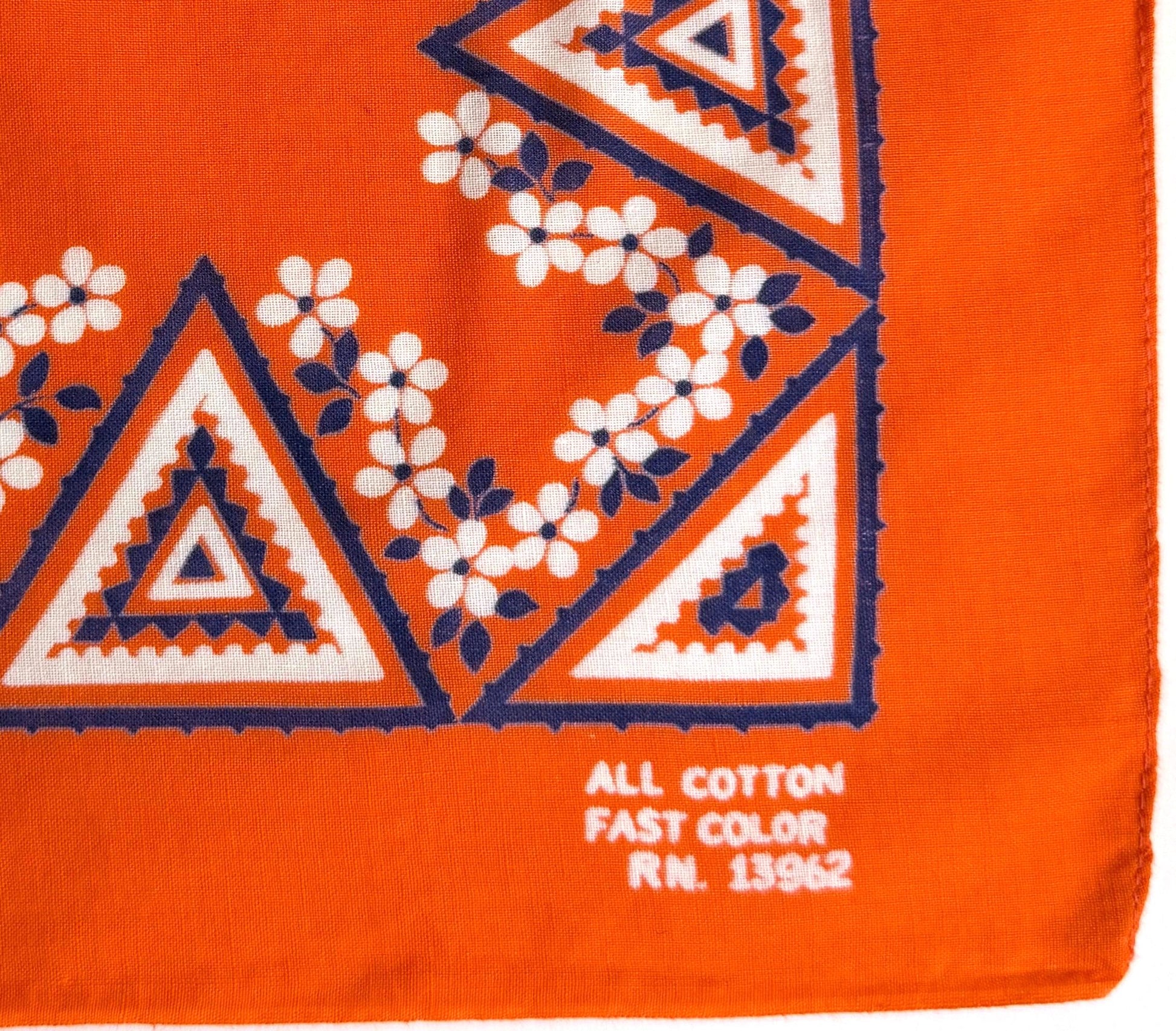Rare Vintage Orange Cotton Bandana 1970s Fast Color Geometric Triangle Pattern