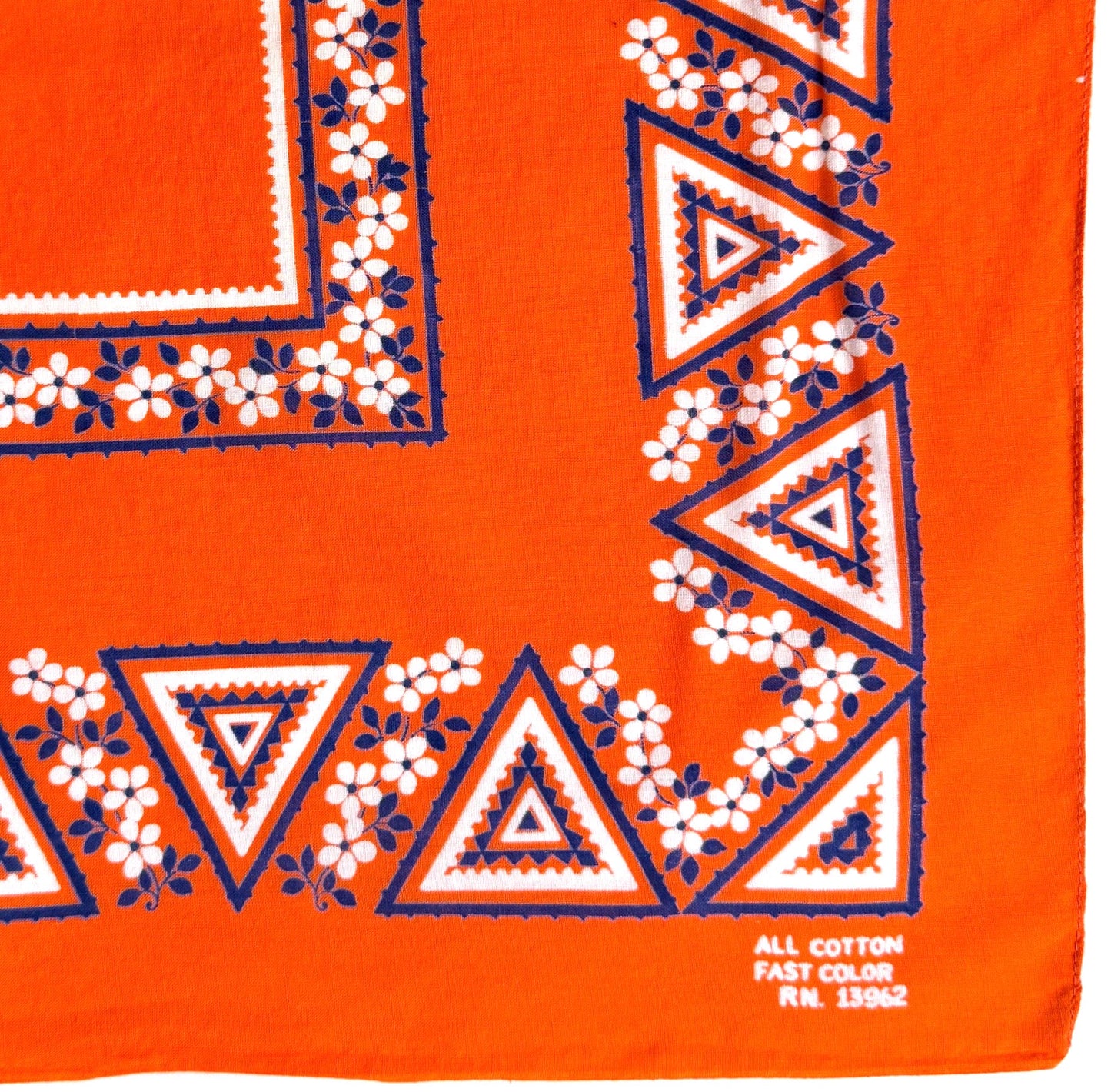 Rare Vintage Orange Cotton Bandana 1970s Fast Color Geometric Triangle Pattern