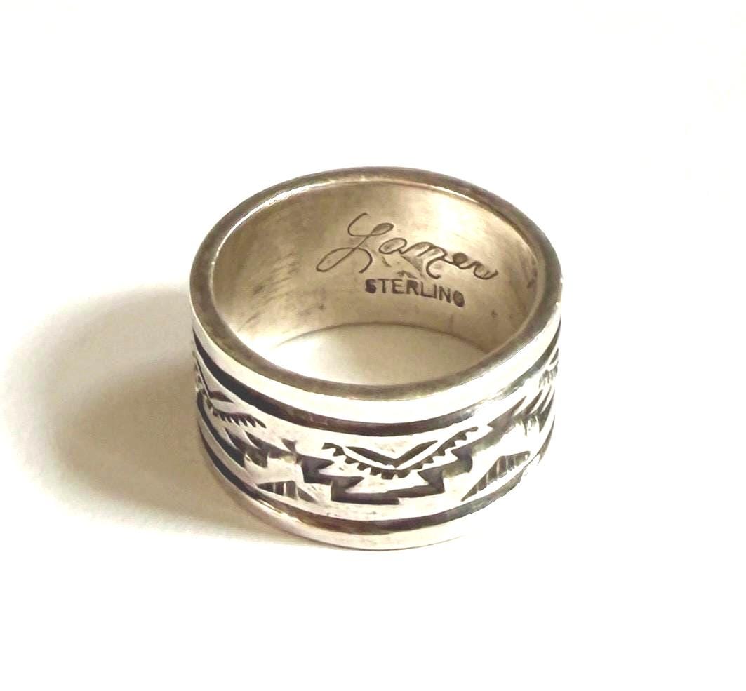 Vintage Navajo Cigar Band Signed Native American Sterling Silver Ring Size 8.25