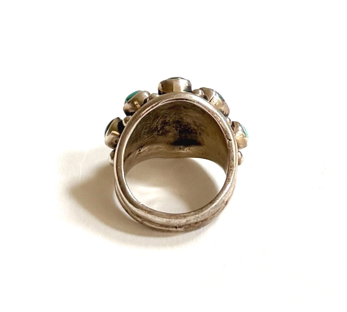 Vintage Turquoise Cluster Ring 50s 60s Native American Sterling Silver Size 7.25