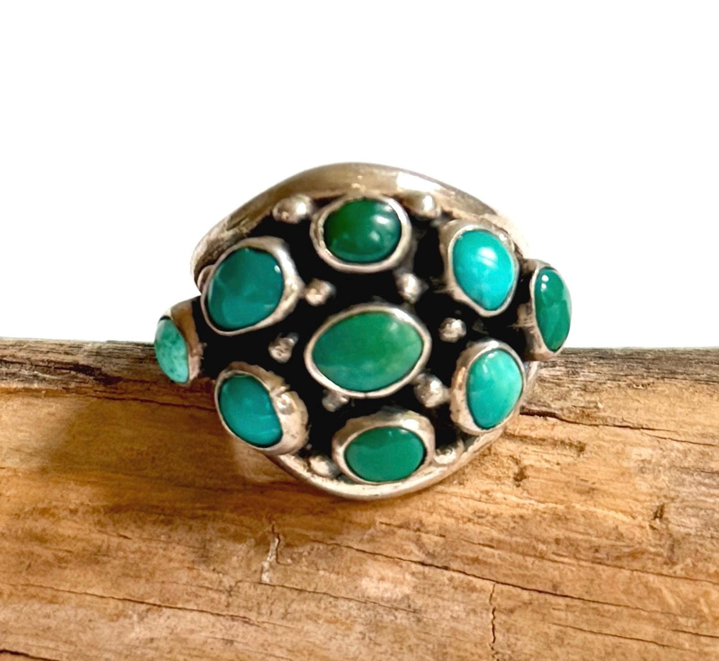 Vintage Turquoise Cluster Ring 50s 60s Native American Sterling Silver Size 7.25