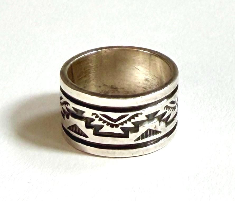 Vintage Navajo Cigar Band Signed Native American Sterling Silver Ring Size 8.25