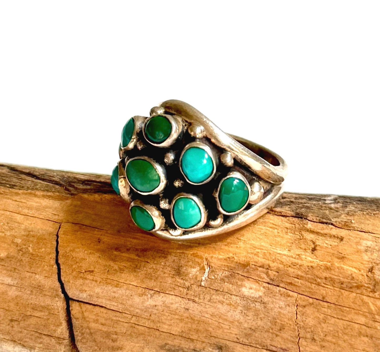 Vintage Turquoise Cluster Ring 50s 60s Native American Sterling Silver Size 7.25
