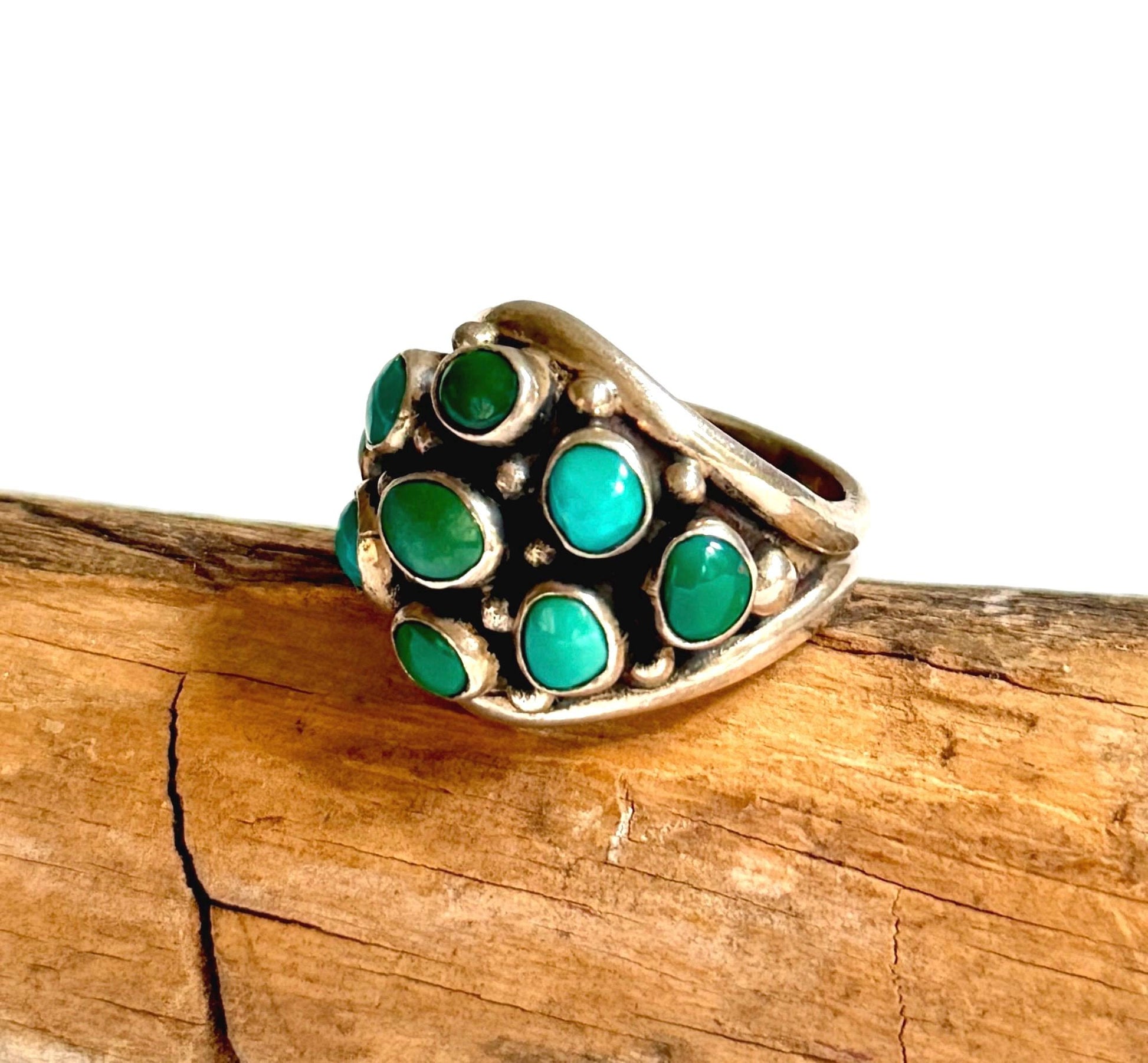 Vintage Turquoise Cluster Ring 50s 60s Native American Sterling Silver Size 7.25