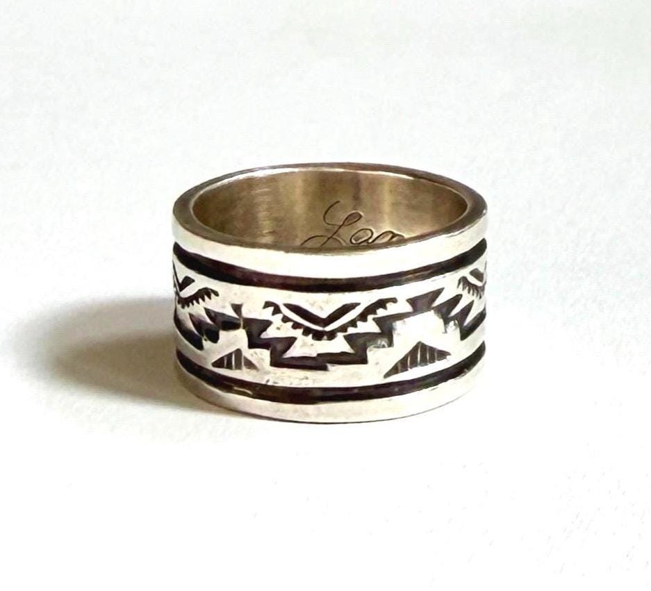 Vintage Navajo Cigar Band Signed Native American Sterling Silver Ring Size 8.25