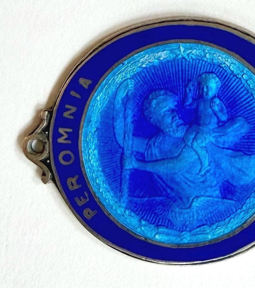 Antique St Christopher Blue Enamel Medallion Car Dashboard Plaque