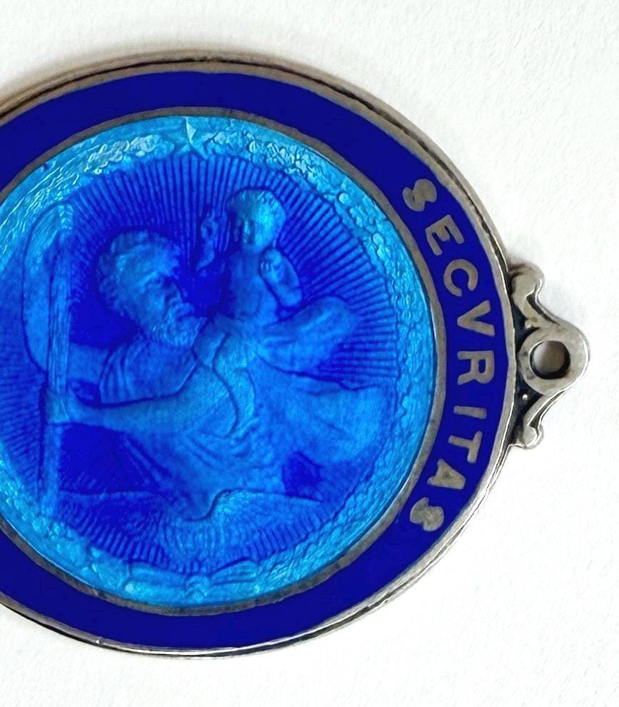 Antique St Christopher Blue Enamel Medallion Car Dashboard Plaque