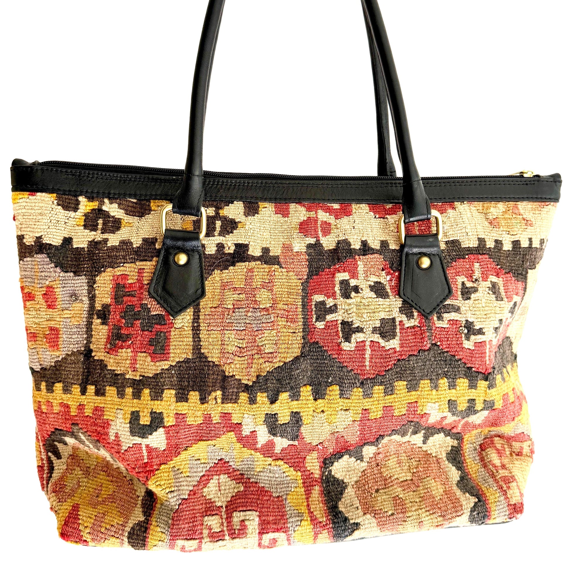 Large Vintage Kilim Bag Wool Textile Black Leather Trim