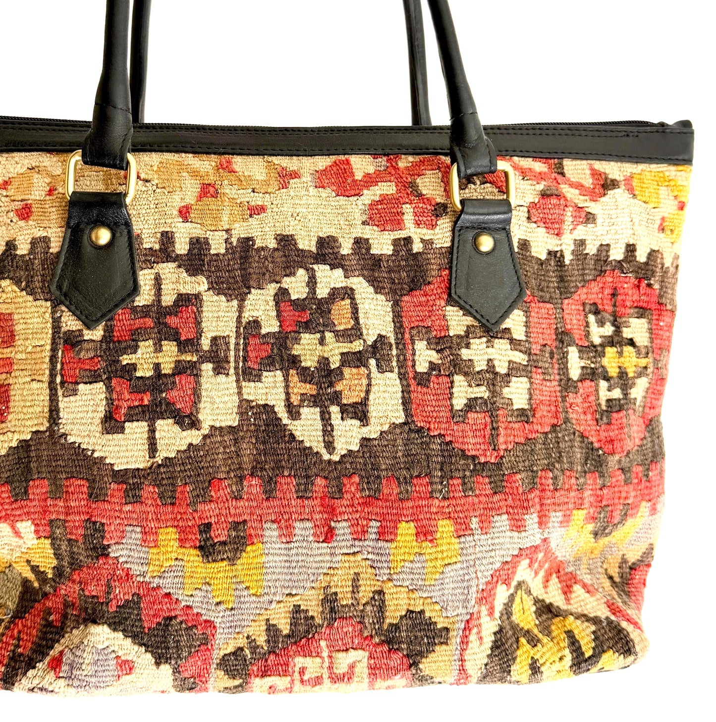 Large Vintage Kilim Bag Wool Textile Black Leather Trim