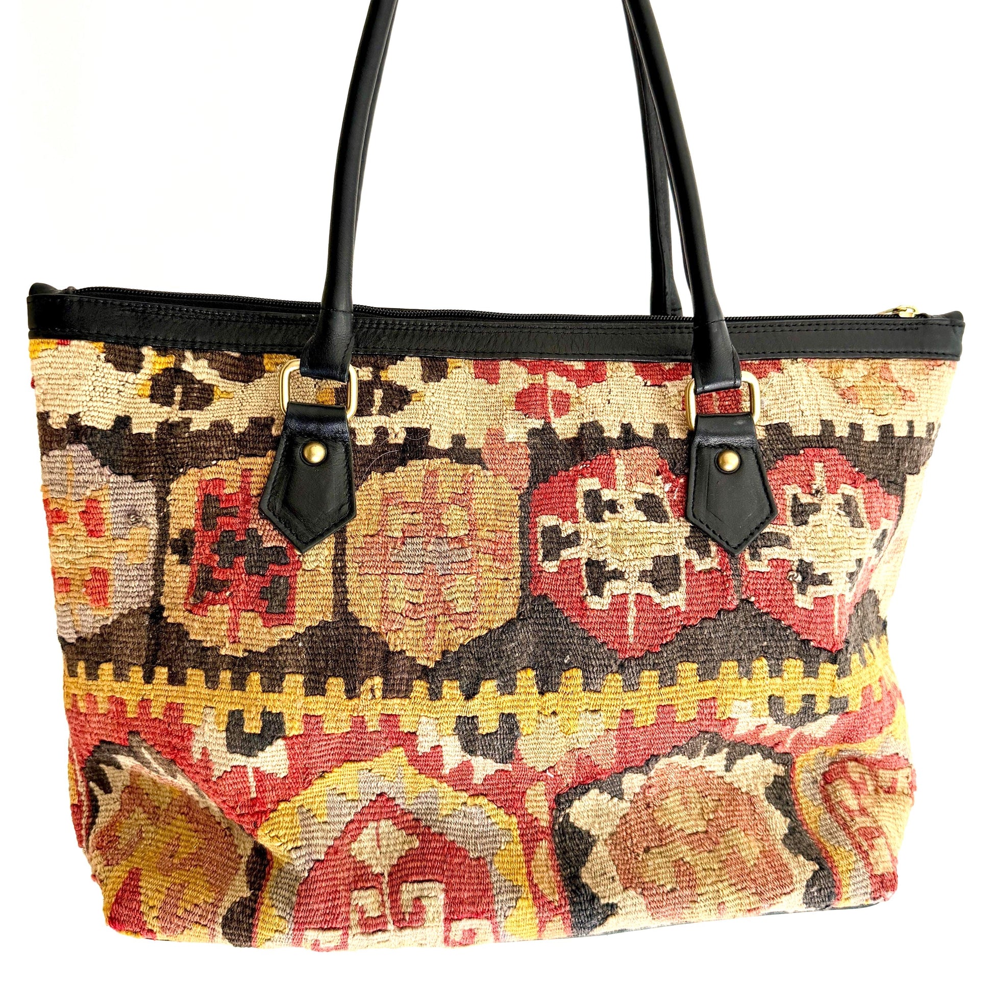 Large Vintage Kilim Bag Wool Textile Black Leather Trim