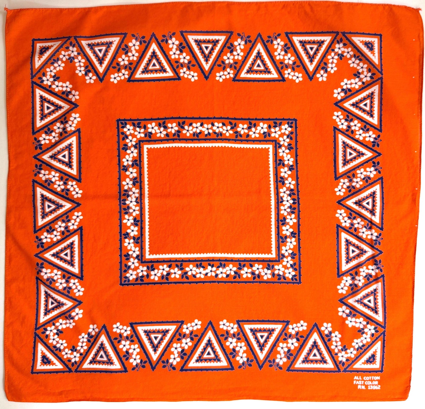Rare Vintage Orange Cotton Bandana 1970s Fast Color Geometric Triangle Pattern