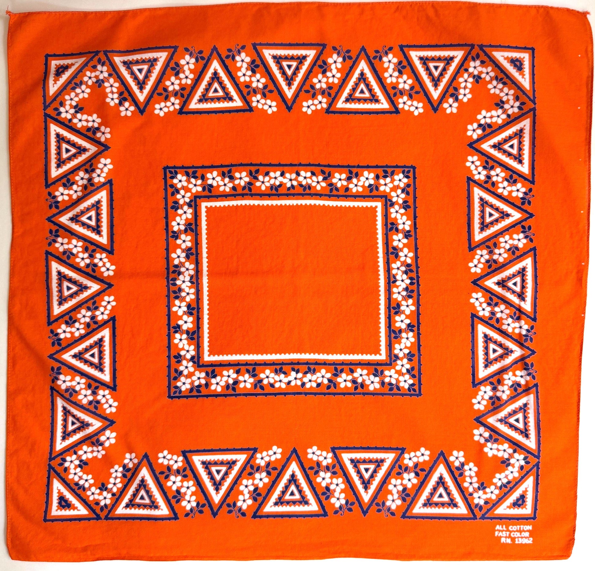 Rare Vintage Orange Cotton Bandana 1970s Fast Color Geometric Triangle Pattern