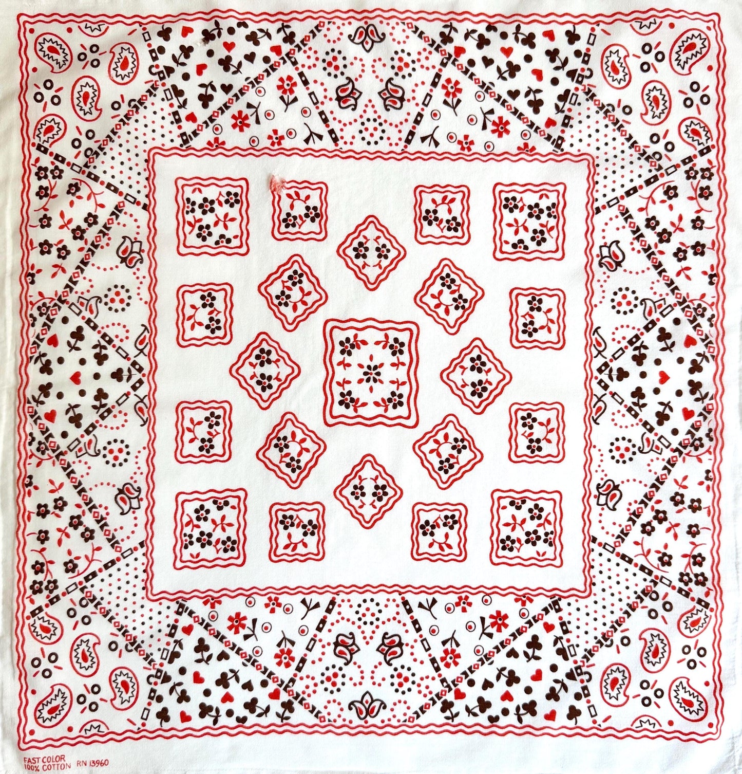 Vintage 60s White Bandana Floral Heart Paisley Print