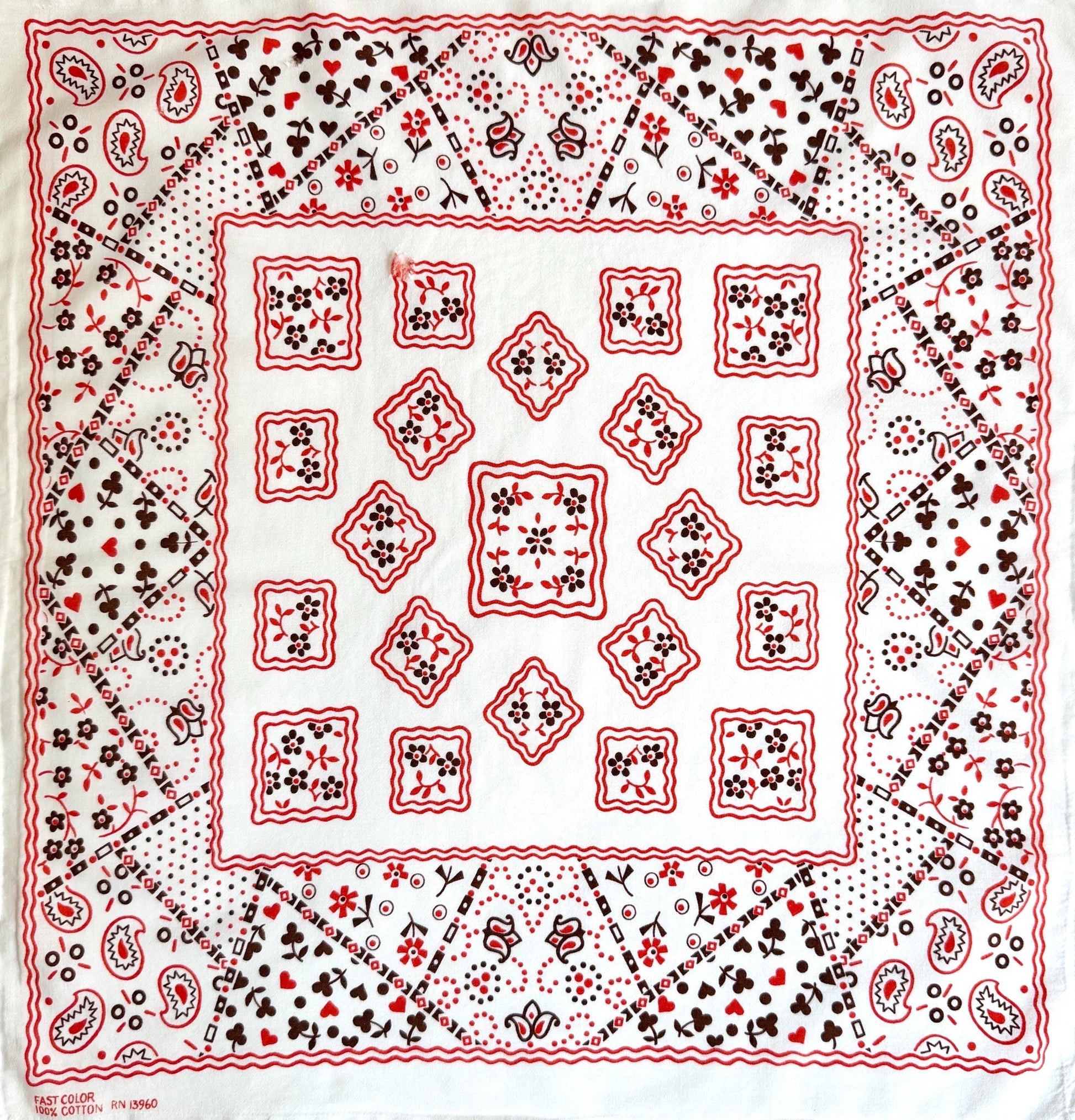 Vintage 60s White Bandana Floral Heart Paisley Print