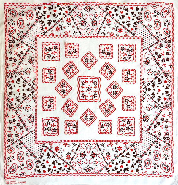 Vintage 60s White Bandana Floral Heart Paisley Print