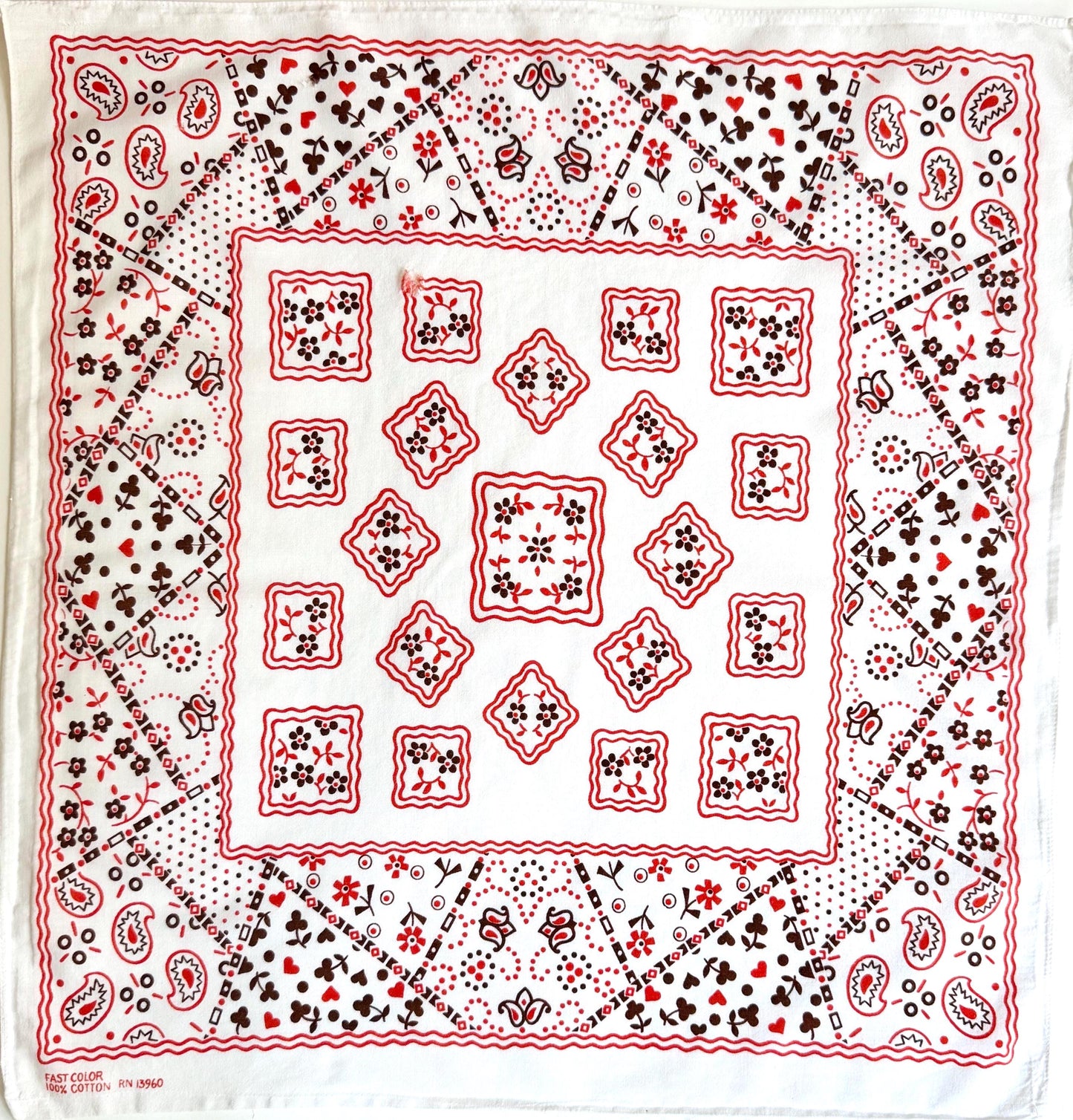 Vintage 60s White Bandana Floral Heart Paisley Print
