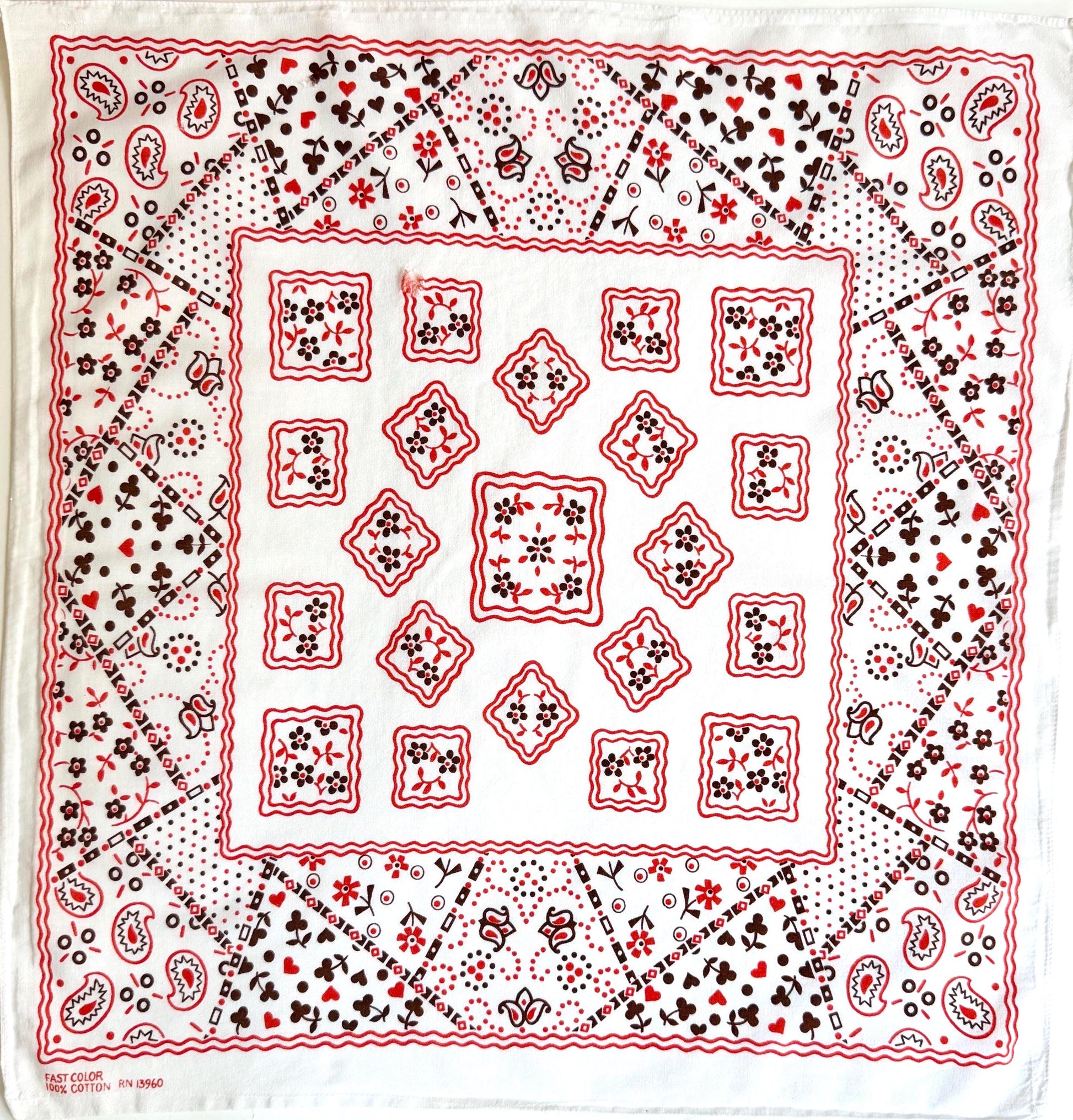 Vintage 60s White Bandana Floral Heart Paisley Print
