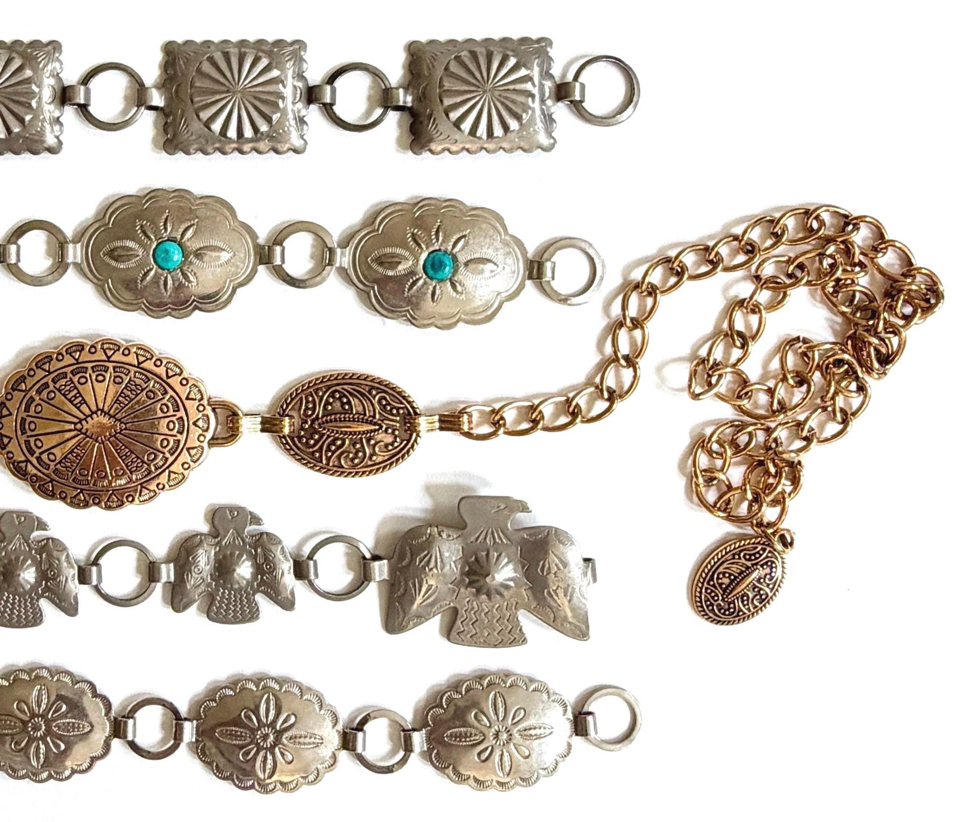 Vintage Western Concho Belt 80s 90s Navajo Style Silver Brass Gold Chain Strap