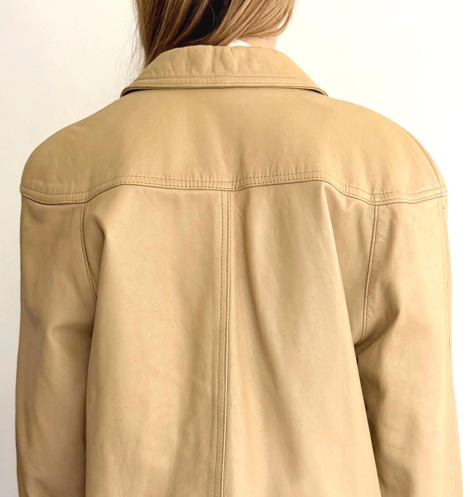 Vintage Beige Leather Jacket 80s 90s Loose Oversized Fit