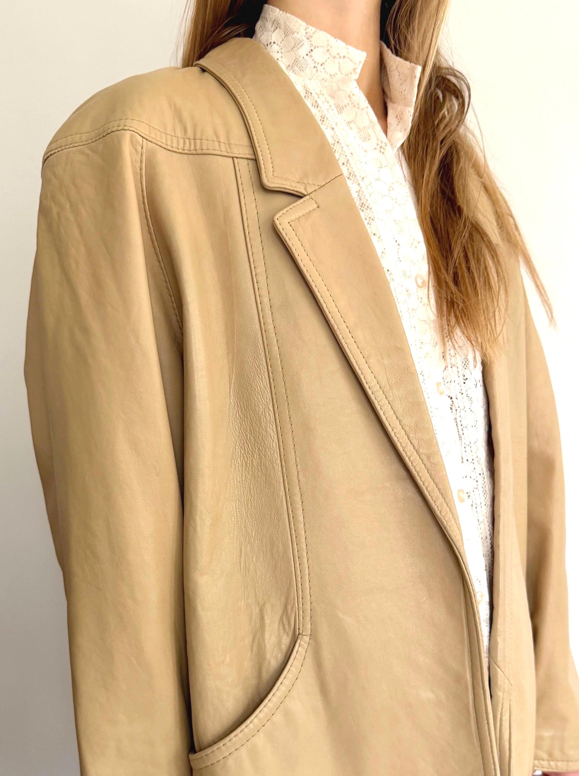 Vintage Beige Leather Jacket 80s 90s Loose Oversized Fit