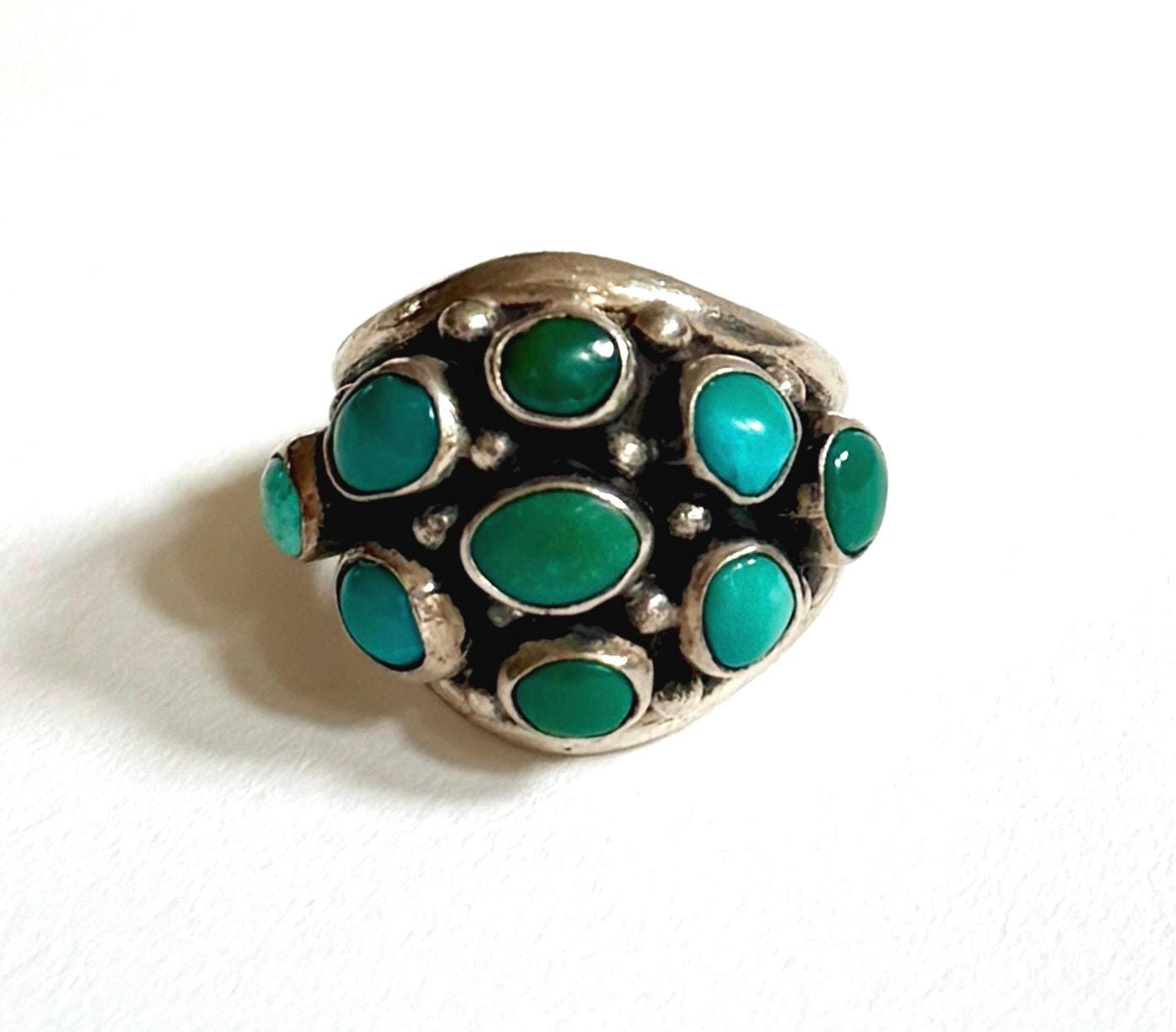 Vintage Turquoise Cluster Ring 50s 60s Native American Sterling Silver Size 7.25
