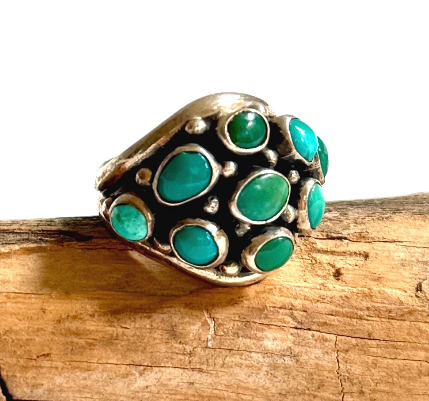 Vintage Turquoise Cluster Ring 50s 60s Native American Sterling Silver Size 7.25