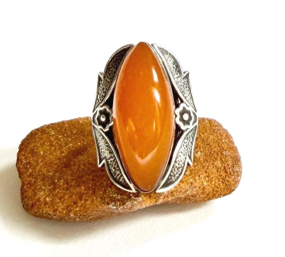 Vintage Russian Cocktail Ring Butterscotch Egg Yolk Cabochon Size 7.75