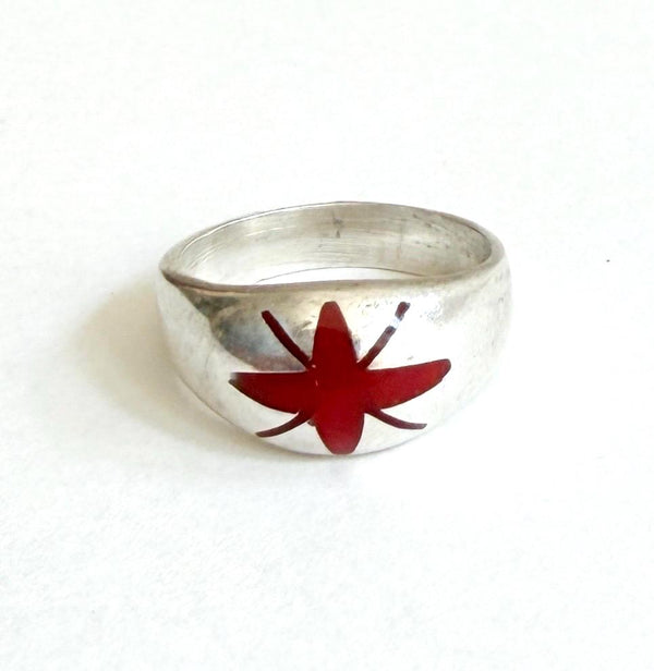 Vintage Star Ring Red Coral Flush Inlay Taxco Mexico Size 5.75