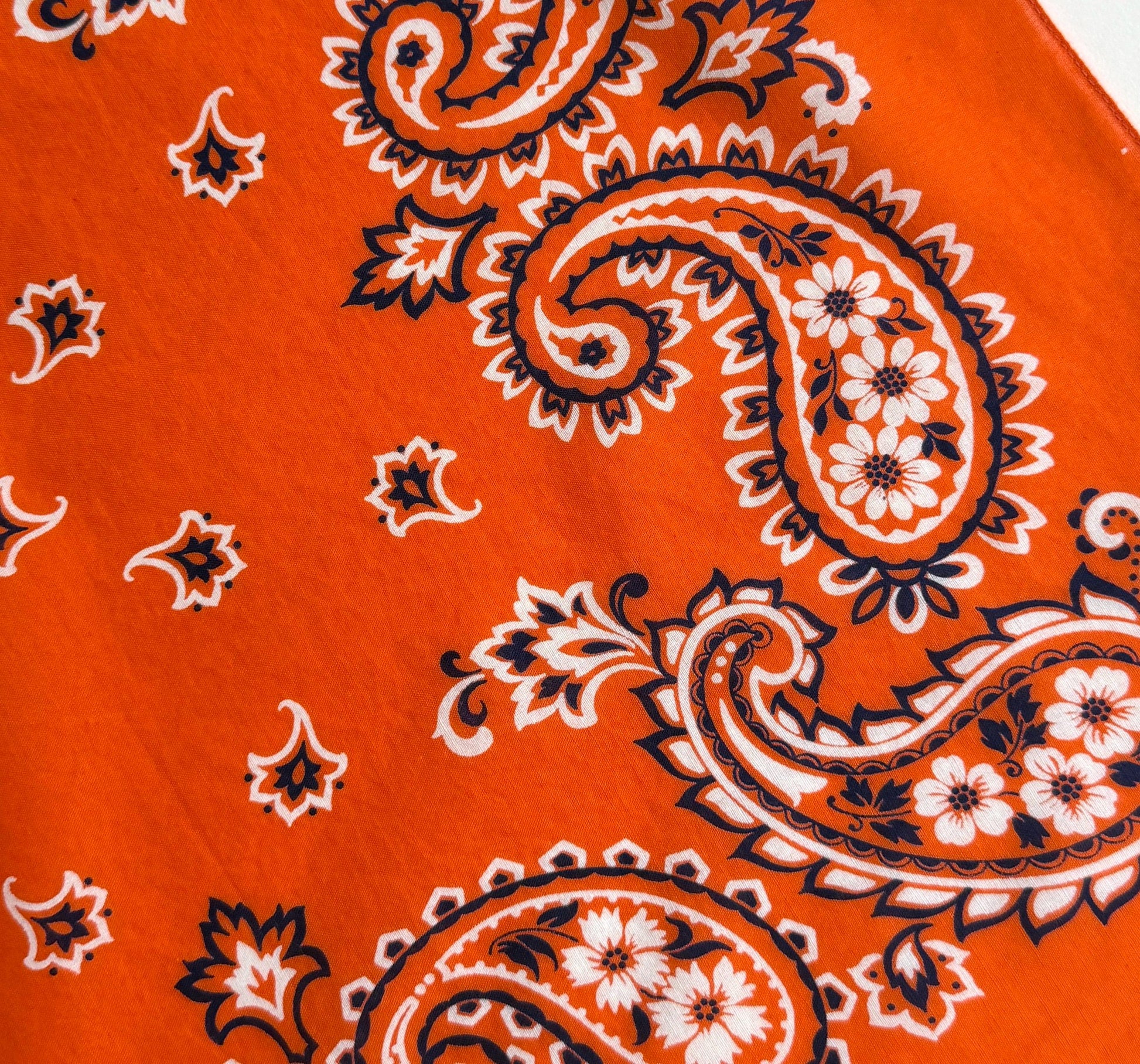 Rare Vintage Orange Cotton Bandana 1970s Fast Color Paisley Floral Pattern