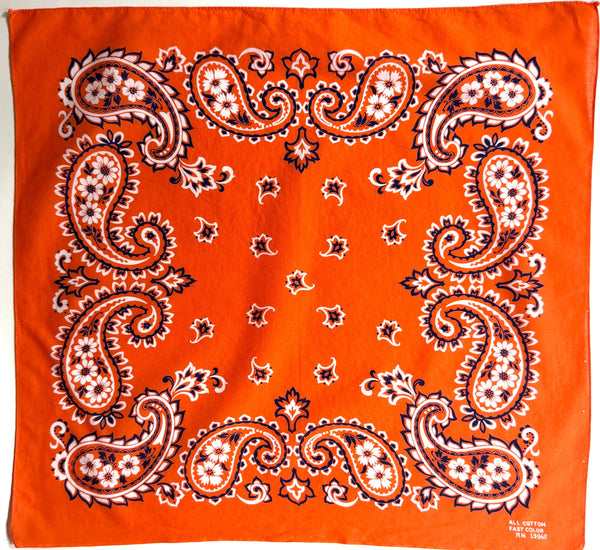 Rare Vintage Orange Cotton Bandana 1970s Fast Color Paisley Floral Pattern