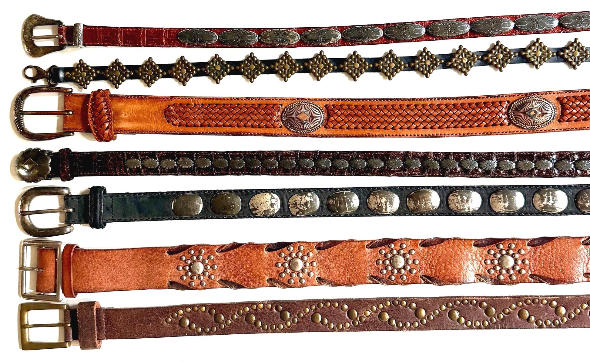 Vintage Concho Belt Brown Leather Strap Western Southwest Cowboy