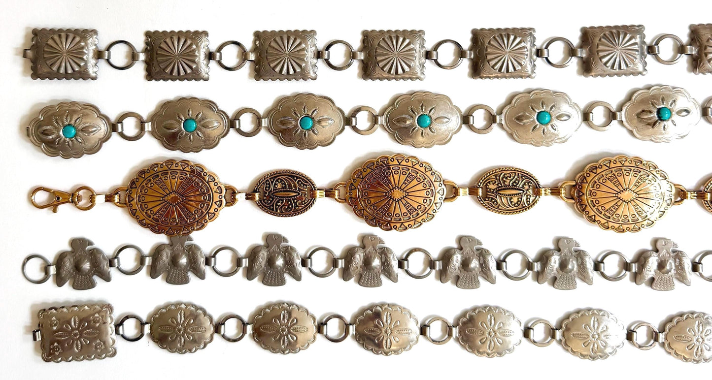 Vintage Western Concho Belt 80s 90s Navajo Style Silver Brass Gold Chain Strap