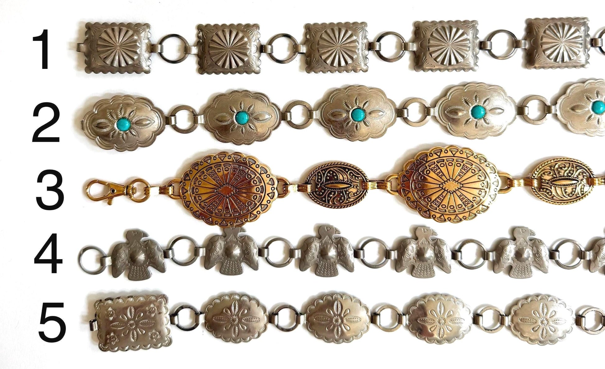Vintage Western Concho Belt 80s 90s Navajo Style Silver Brass Gold Chain Strap