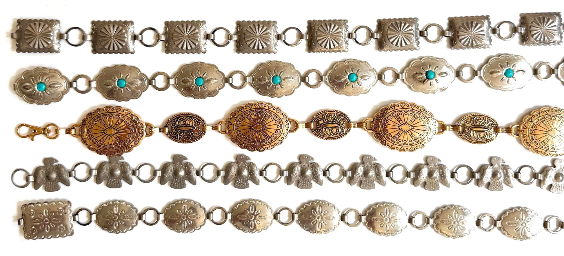 Vintage Western Concho Belt 80s 90s Navajo Style Silver Brass Gold Chain Strap